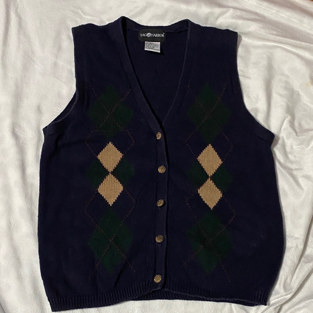 Sag Harbor women’s size small Navy V-Neck Sweater Vest with Argyle Pattern VNTG